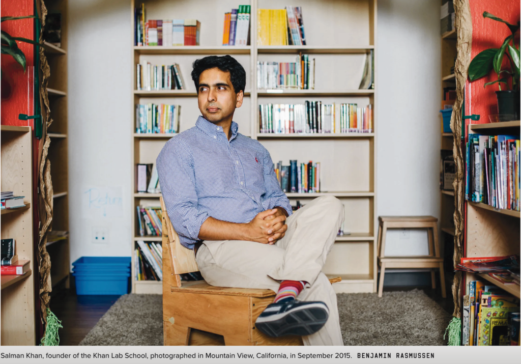 Sal Khan sits on a chair in the student designed libray at the original KLS location.