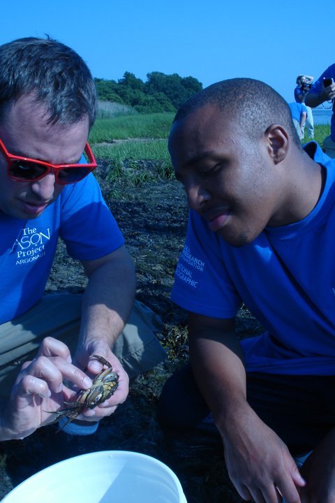 The author with a student during training at Mystic Aquarium